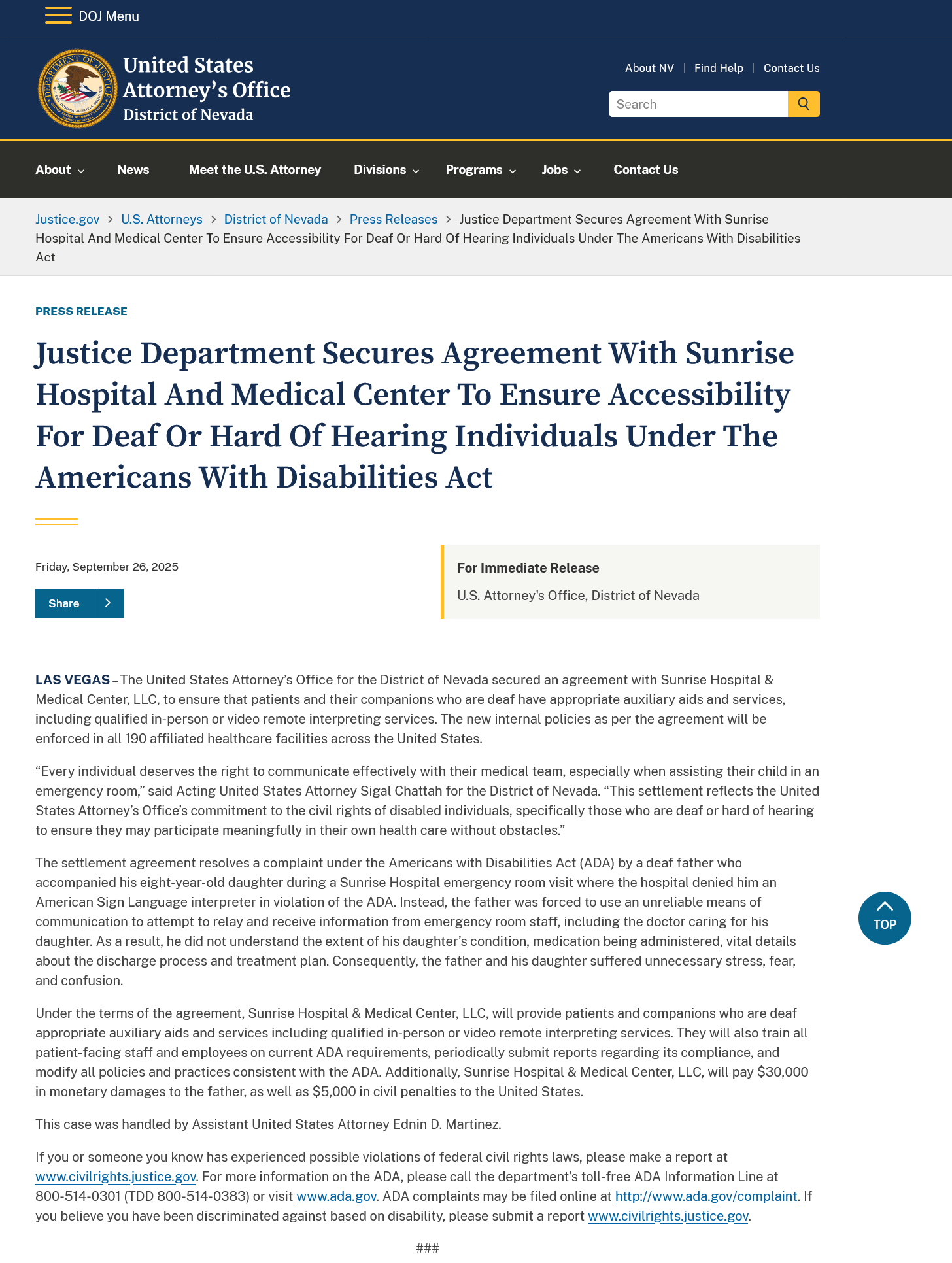 DOJ Secures Settlement Agreement with Sunrise Hospital for ADA violations