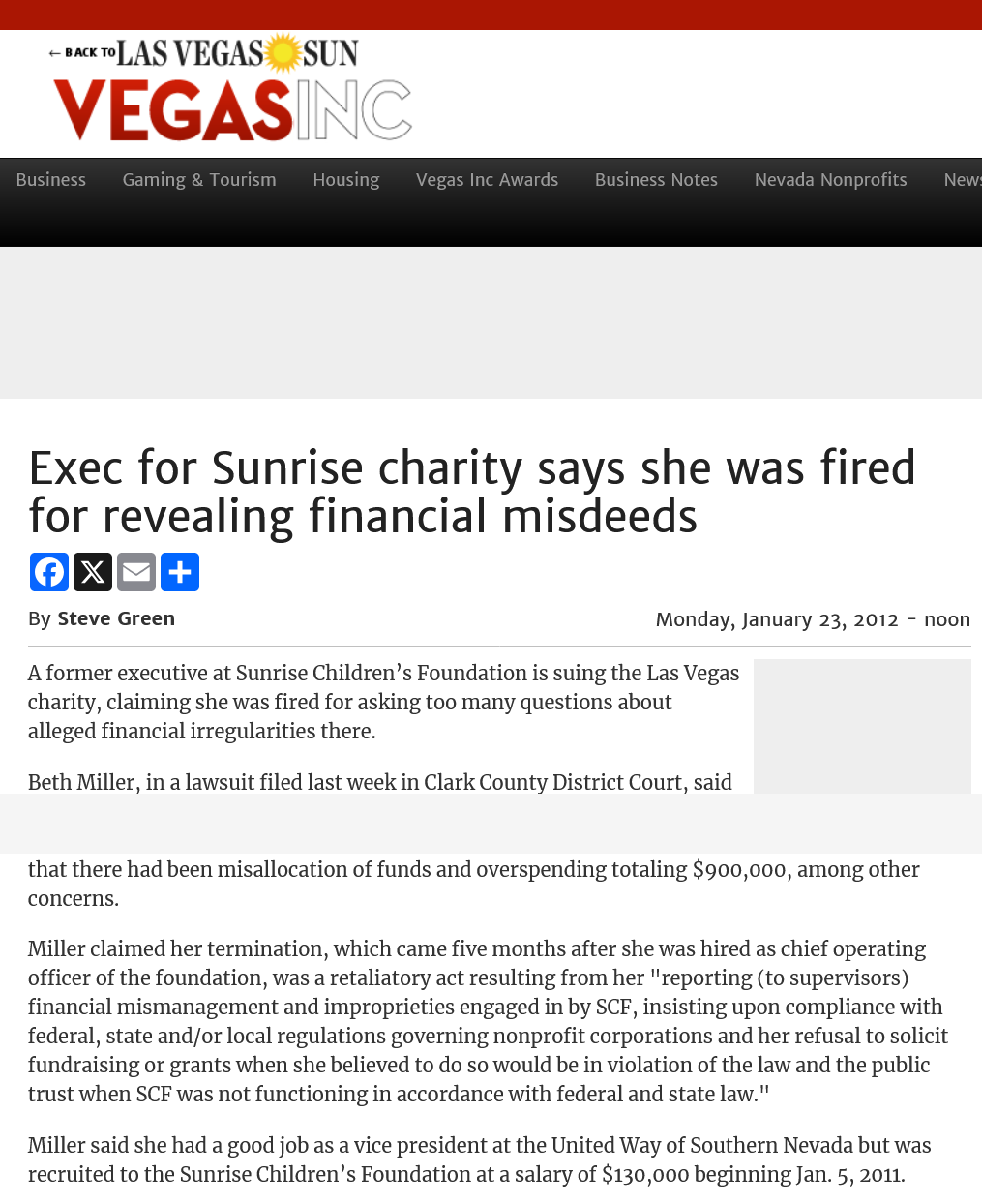 Executive for Sunrise charity says she was fired for revealing financial misdeeds