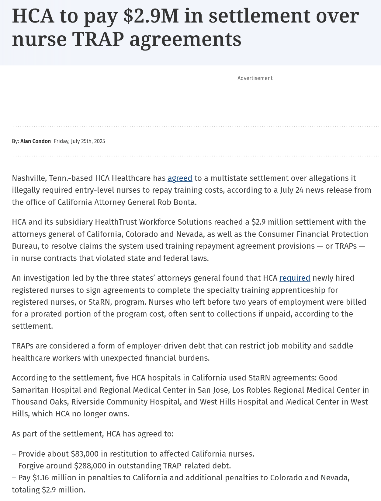 HCA to pay $2.9 million settlement over unlawful nurse TRAP agreements