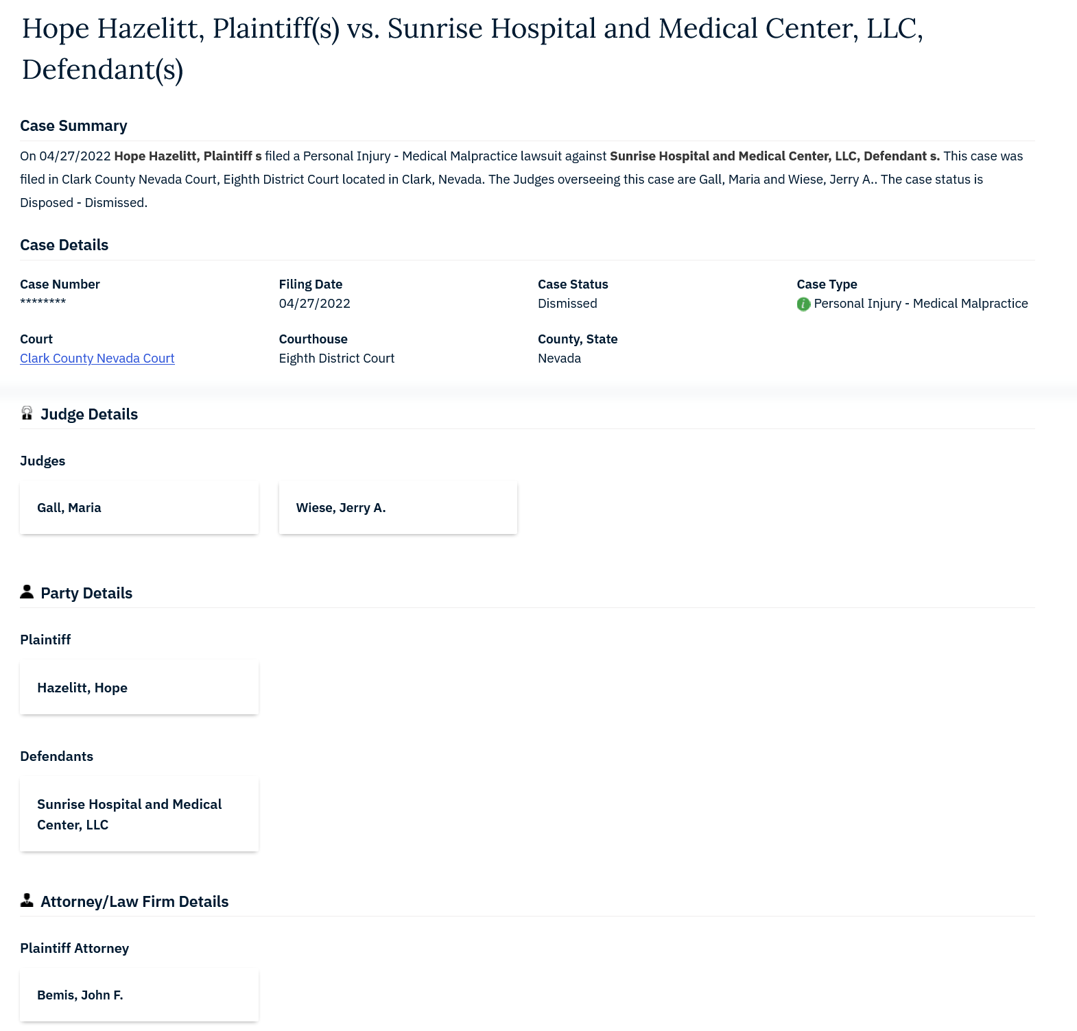 Hope Hazelitt vs Sunrise Hospital, medical malpractice lawsuit, filed on 04/27/2022