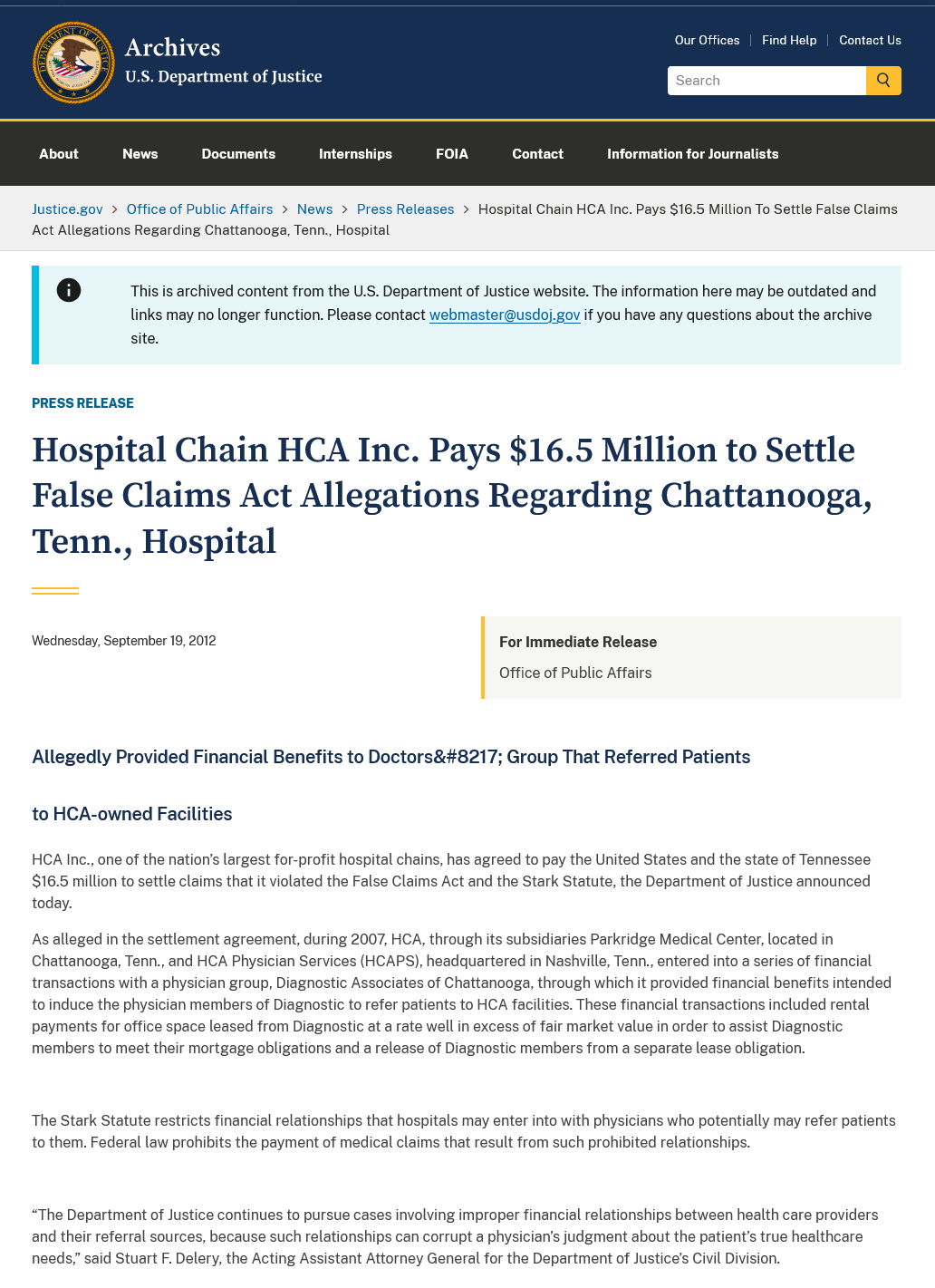 HCA Healthcare Pays $16.5 Million to Settle False Claims Act Allegations