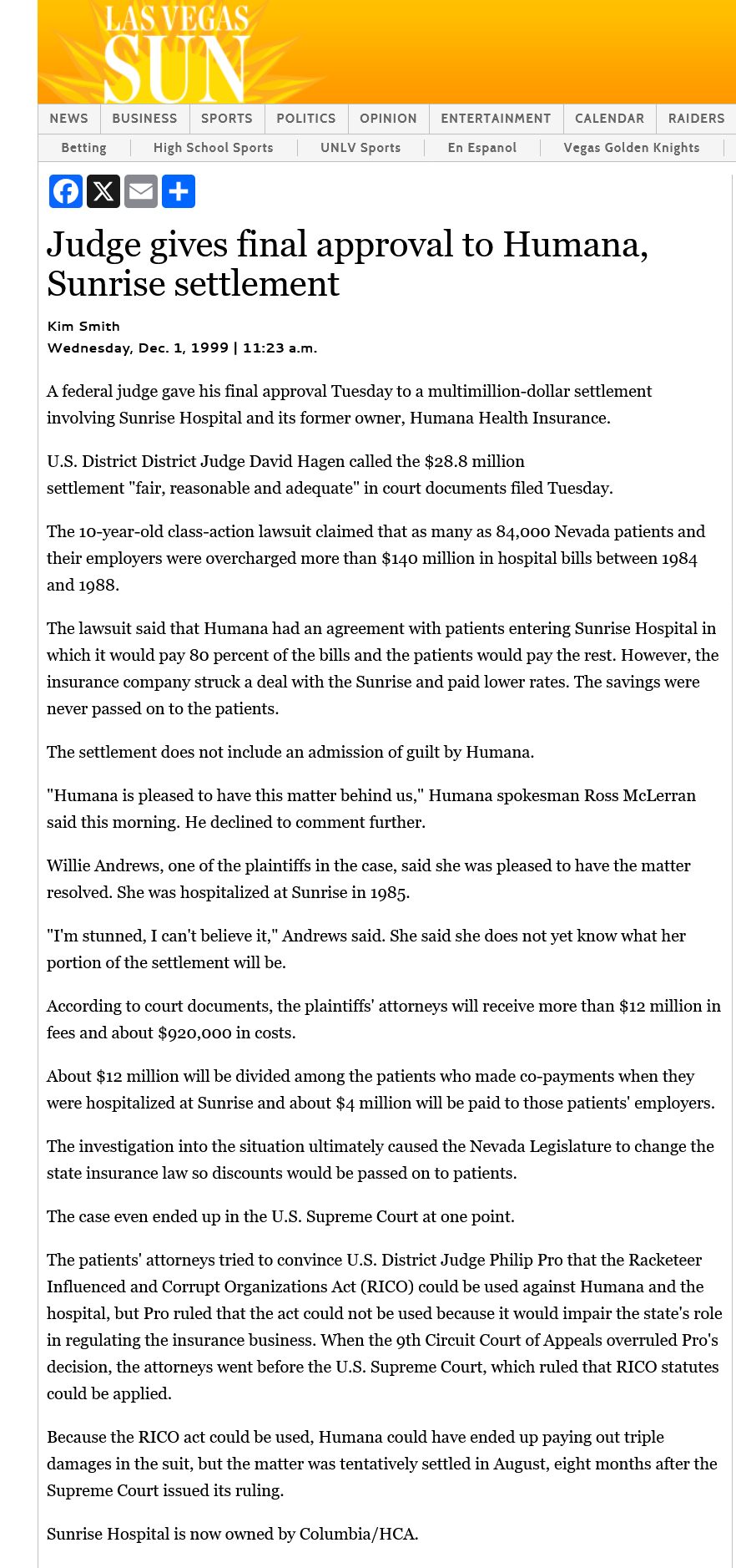 Federal judge approved $28.8 million settlement involving Sunrise Hospital and Humana in a Class Action and RICO lawsuit 