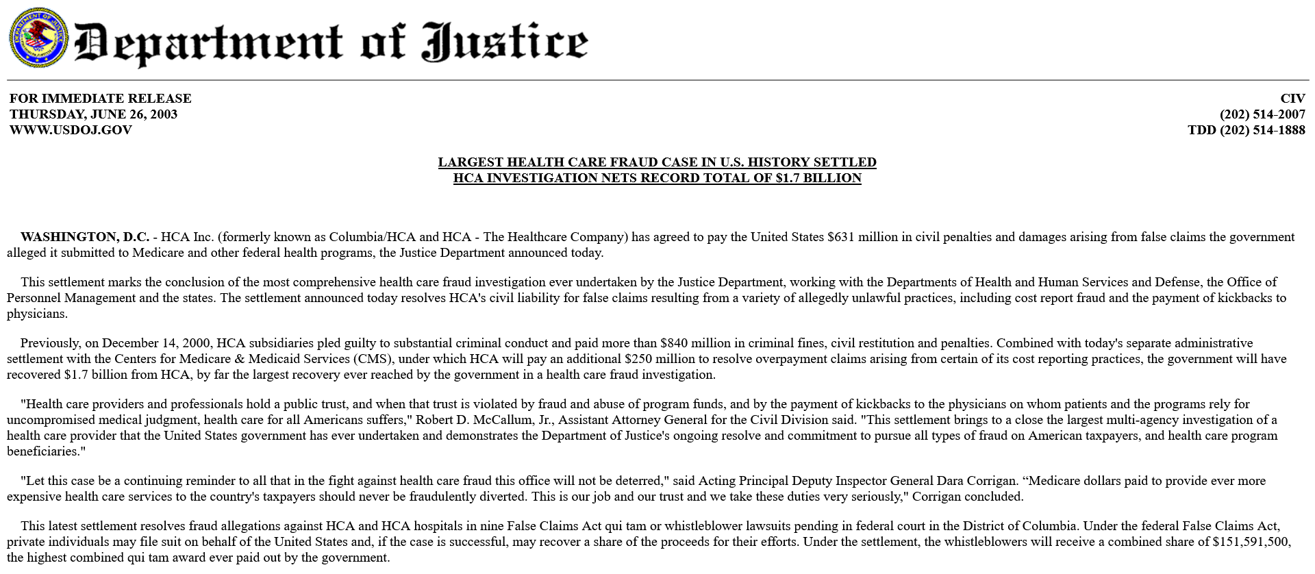 US Department of Justice reaches $1.7 billion settlement with HCA Healthcare