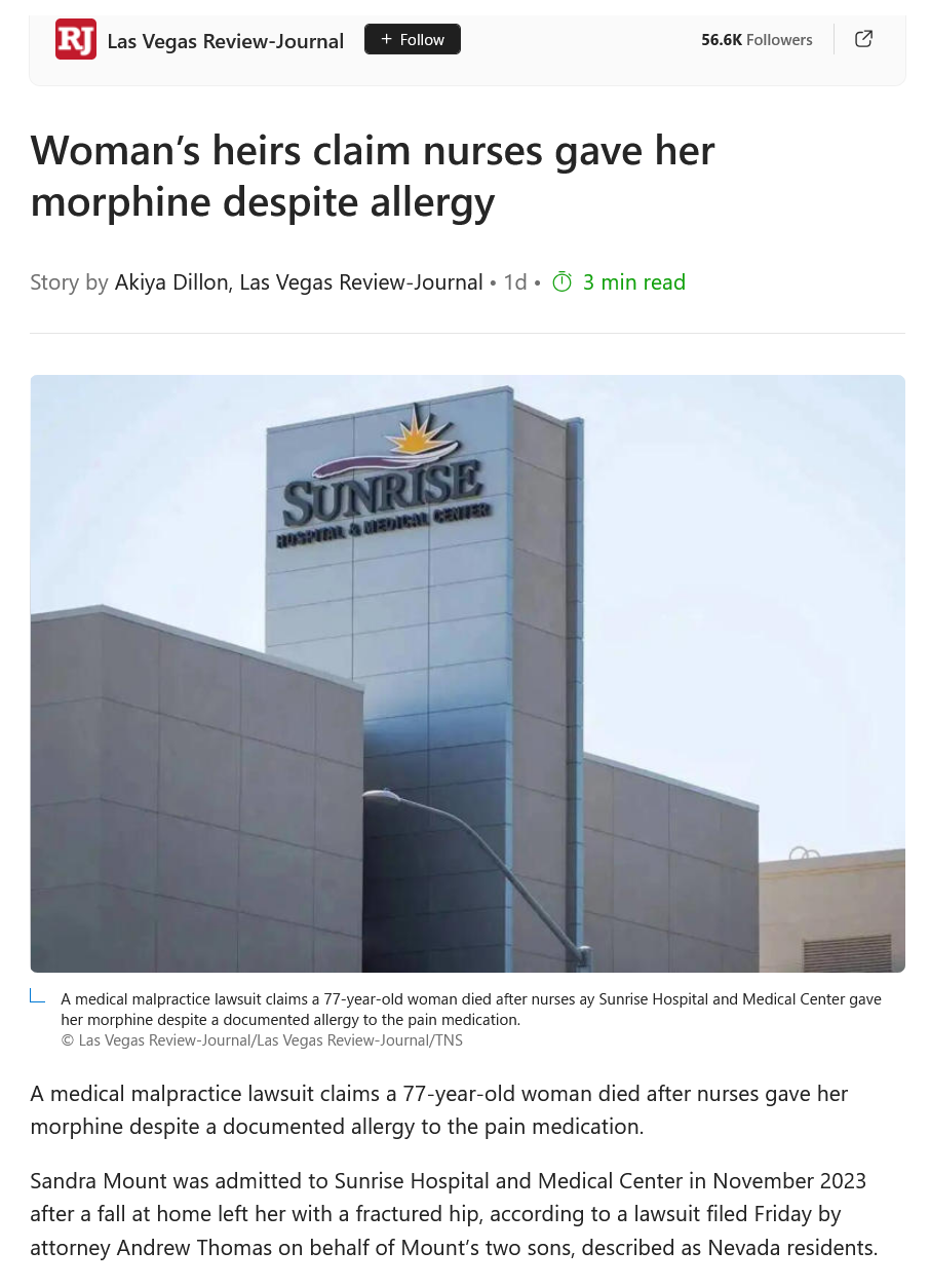 Another medical malpractice lawsuit was filed against Sunrise Hospital on 12/26/2025. 