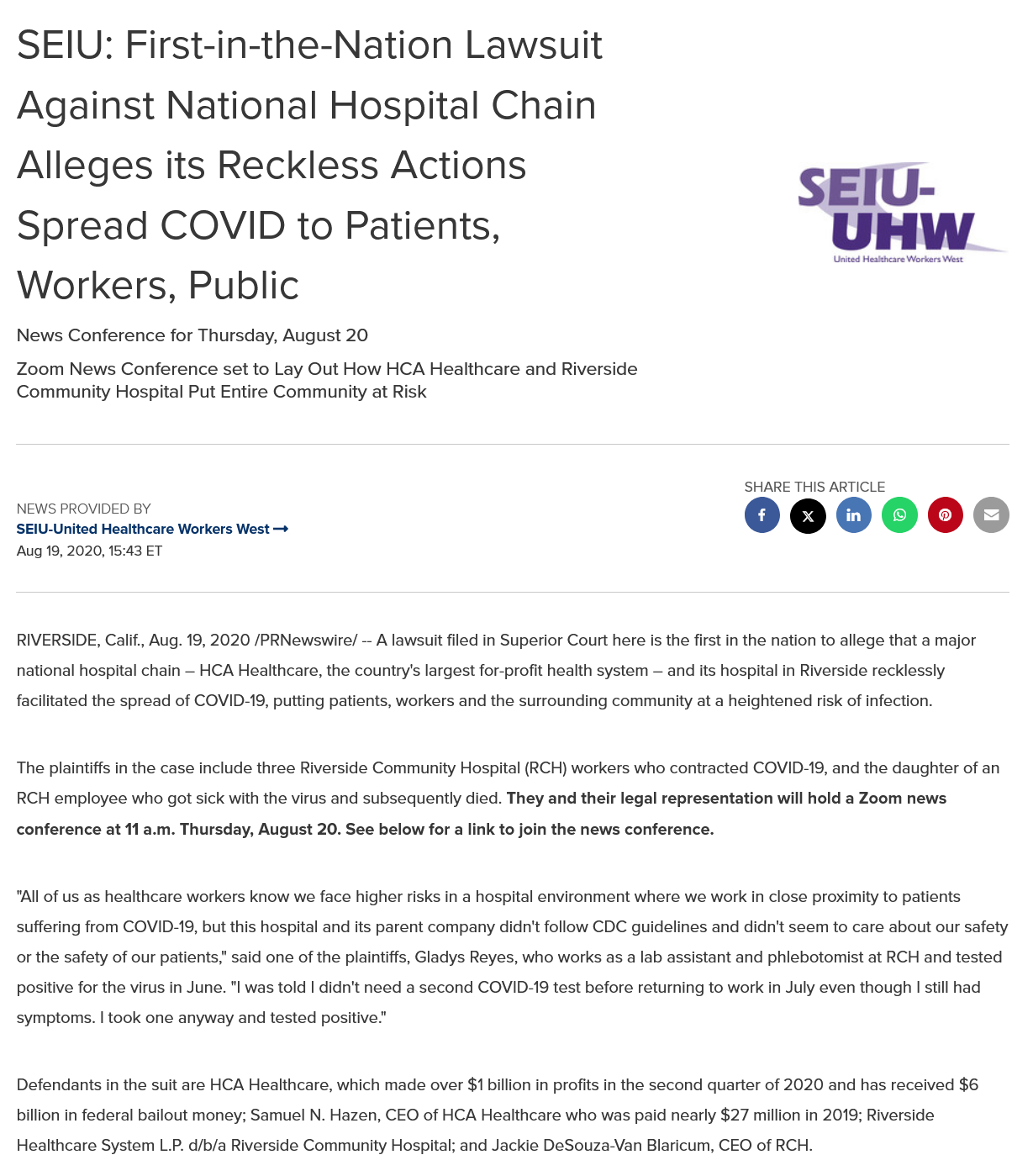 SEIU First in the Nation lawsuit against HCA Healthcare