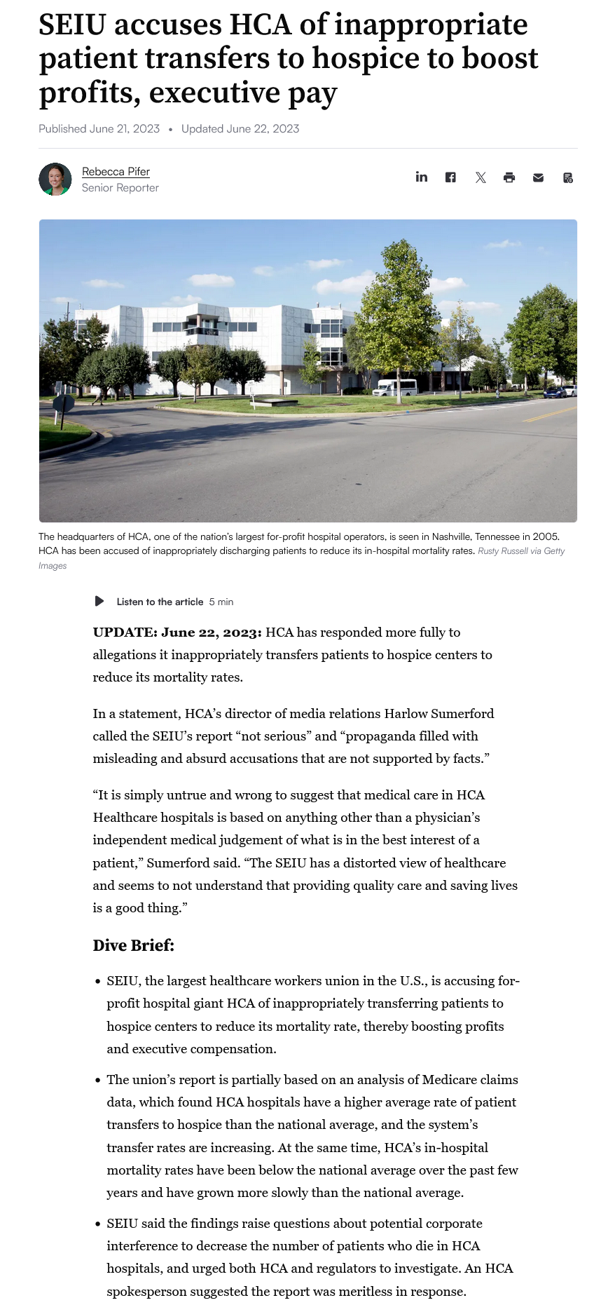 SEIU accuses HCA Healthcare of inappropriate patient transfers to hospice to boost profits and executive pay