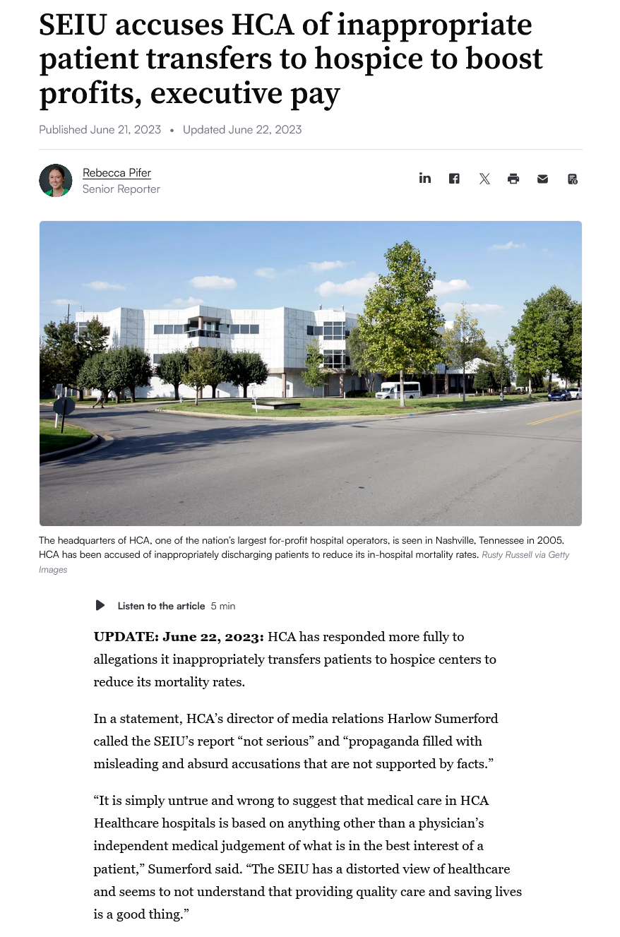 SEIU accuses HCA of inappropriate patient transfers to hospice boost profits and executive pay