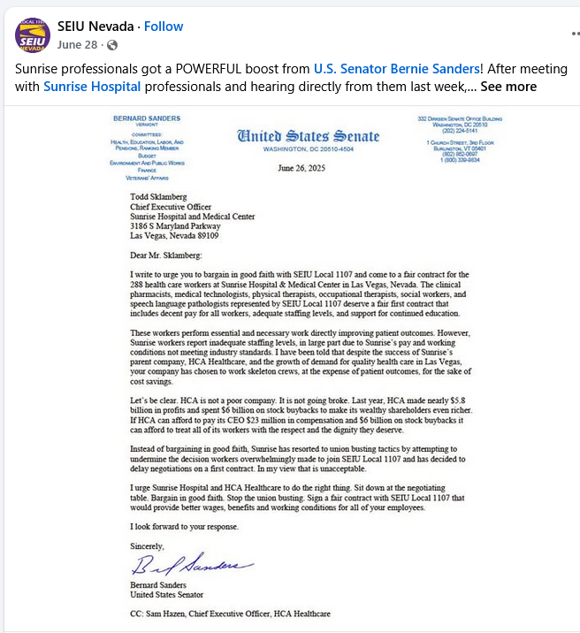Letter from Senator Bernie Sanders to Sunrise Hospital about employee wages and working conditions