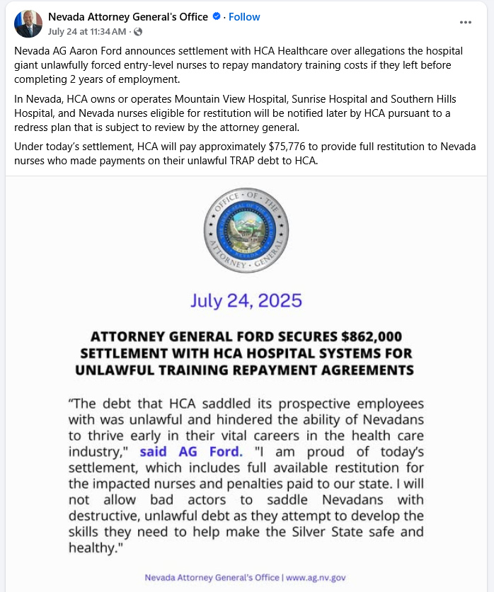 Nevada Attorney General reaches settlement with HCA Healthcare for unlawful training repayment agreements