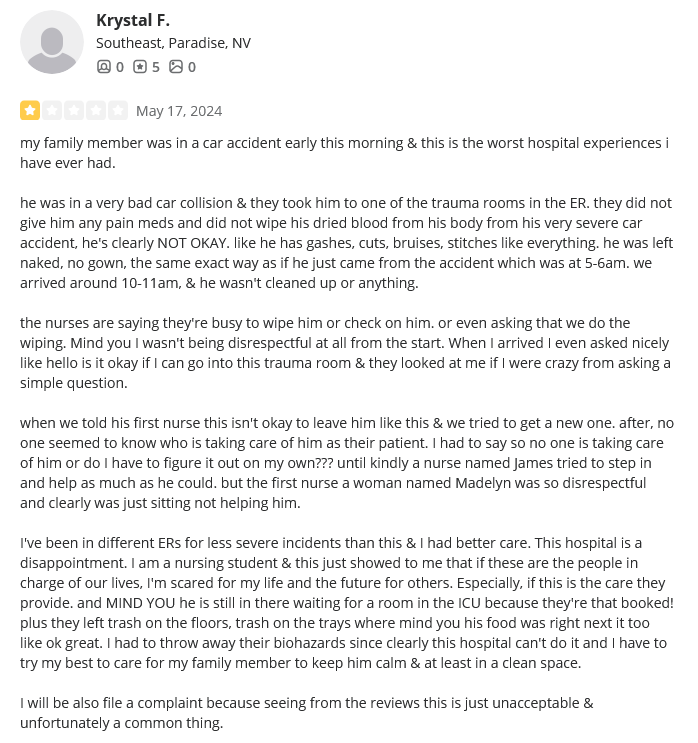 Sunrise Hospital, serious car accident, left the patient naked on the gurney for hours