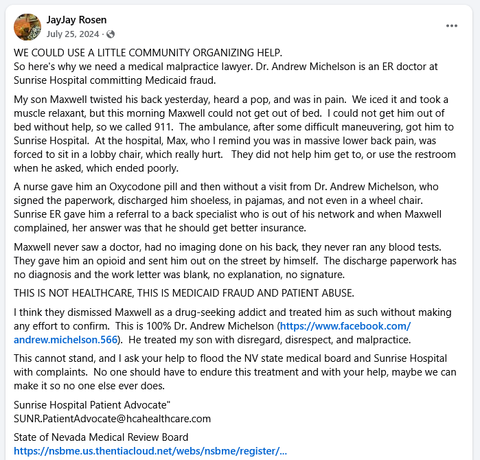 Sunrise Hospital_no exam, no tests, no imaging, gives the patient oxycodone