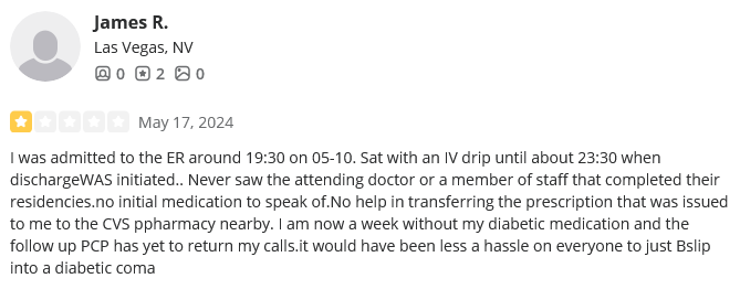 Sunrise Hospital, never saw a doctor, they did not get my medication transferred to my pharmacy