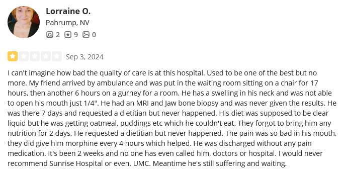 Sunrise Hospital, severe face pain, discharged without pain medication