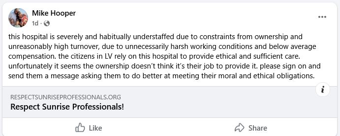 Sunrise Hospital_complaint about the hospital being understaffed and harsh working conditions