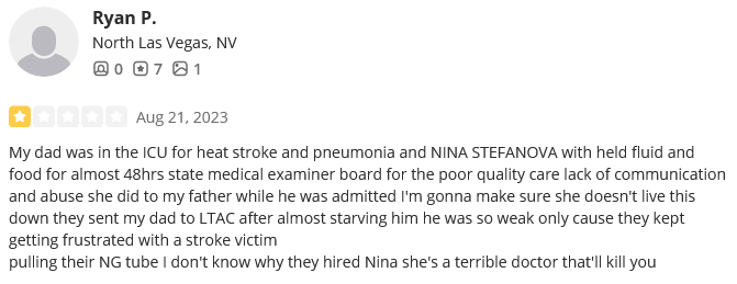 Sunrise Hospital, doctor withheld fluid and food for 48 hours causing suffering and weakness