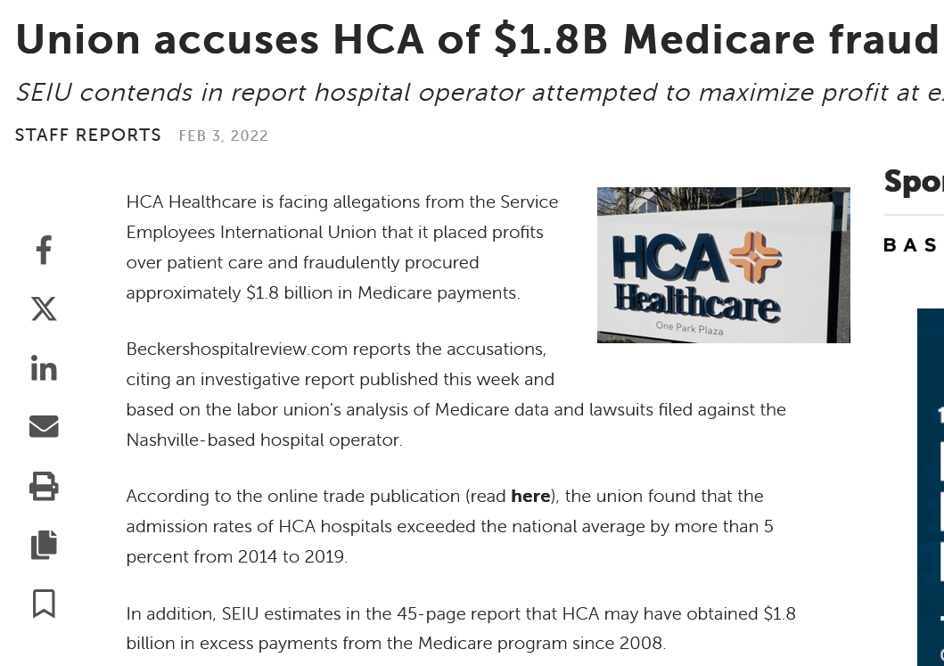 Union Accuses HCA Healthcare of $1.8 BIllion Medicare Fraud