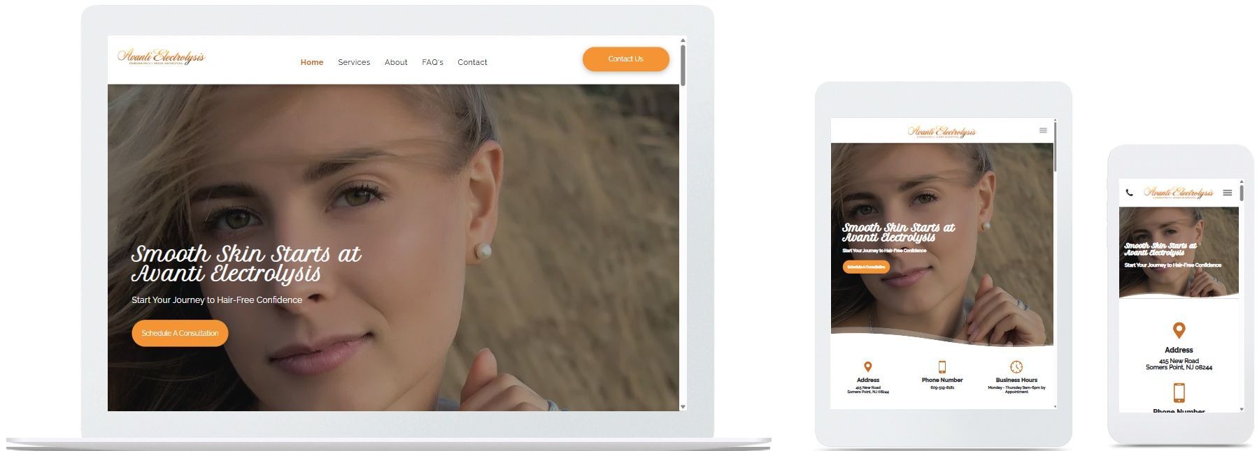 Avanti Electrolysis in Somers Point, NJ website displayed on a desktop, tablet and a cell phone
