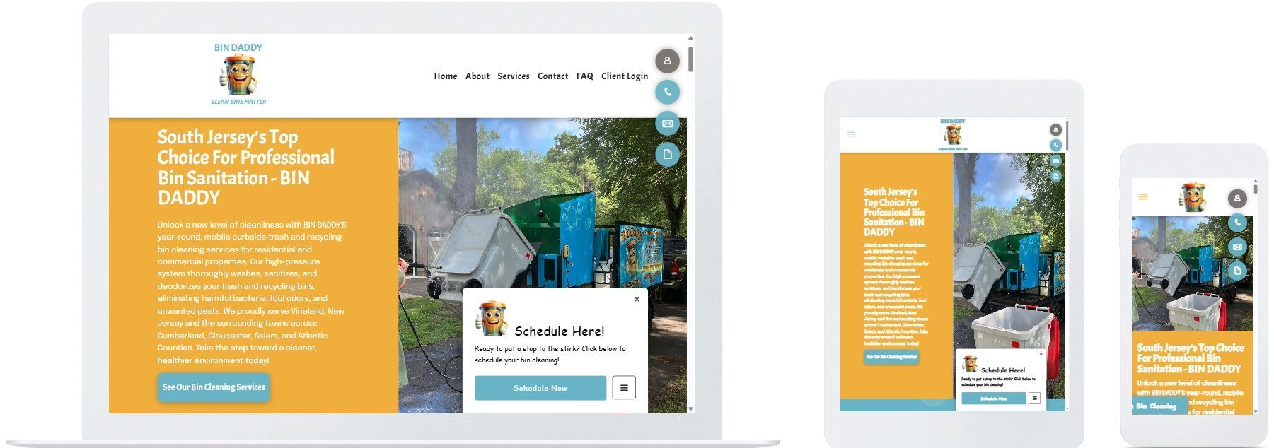 Bin Daddy Pro trash and recycling bin cleaning website displayed on desktop, tablet, and mobile devices in Vineland, NJ