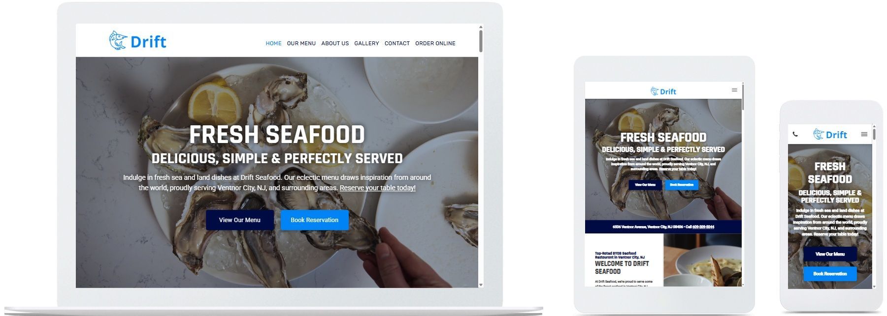 Drift Seafood in Ventnor, NJ website displayed on a desktop, tablet and a cell phone