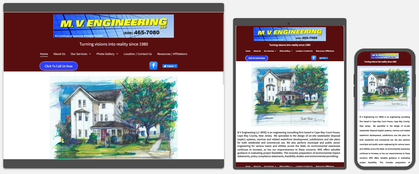 mv engineering website displayed on a desktop, tablet and a cell phone view