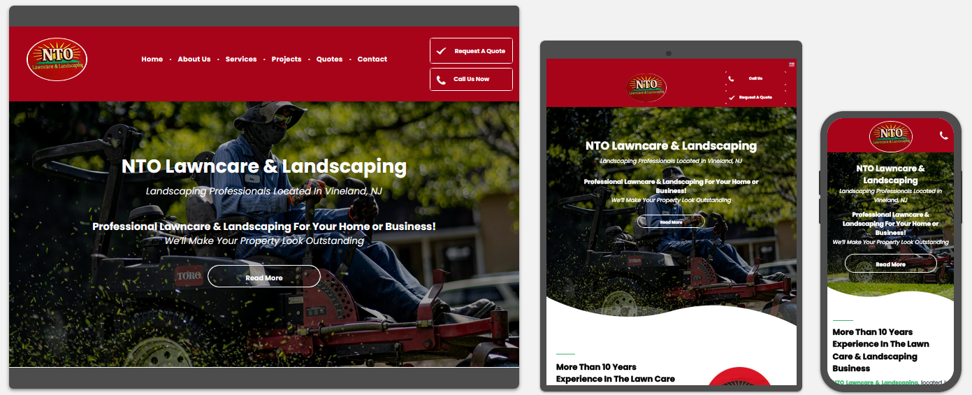 nto lawncare & landscaping website displayed on a desktop, tablet and a cell phone view