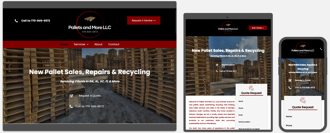 pallets and more llc website displayed on a desktop, tablet and a cell phone view