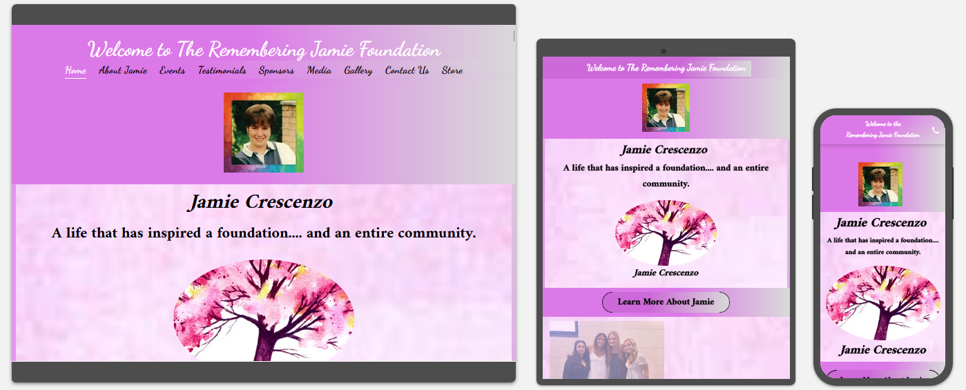 remembering jamie foundation website displayed on a desktop, tablet and a cell phone view
