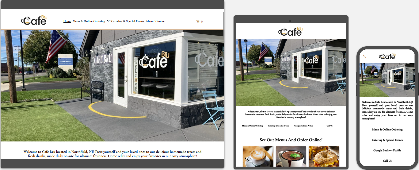 cafe bru website displayed on a desktop, tablet and a cell phone view
