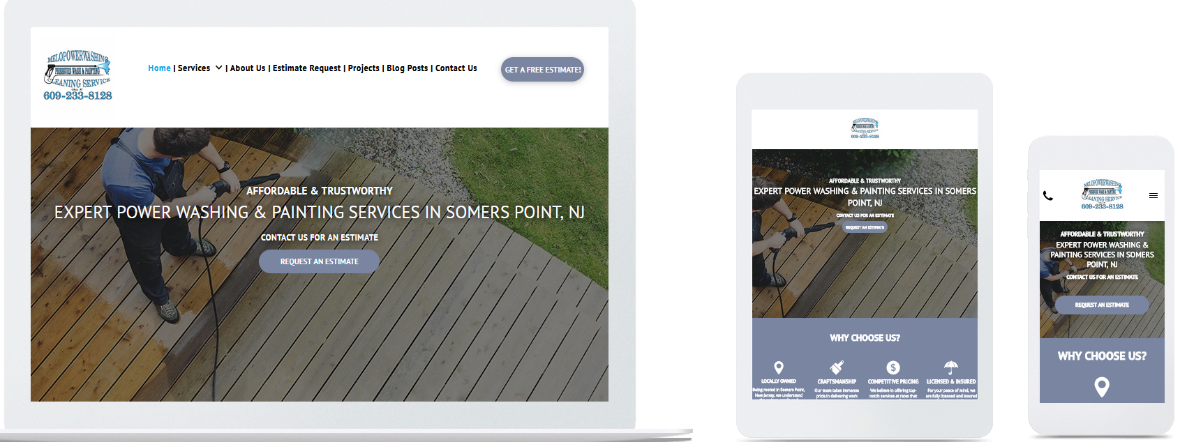 melo powerwashing website displayed on a desktop, tablet and a cell phone view