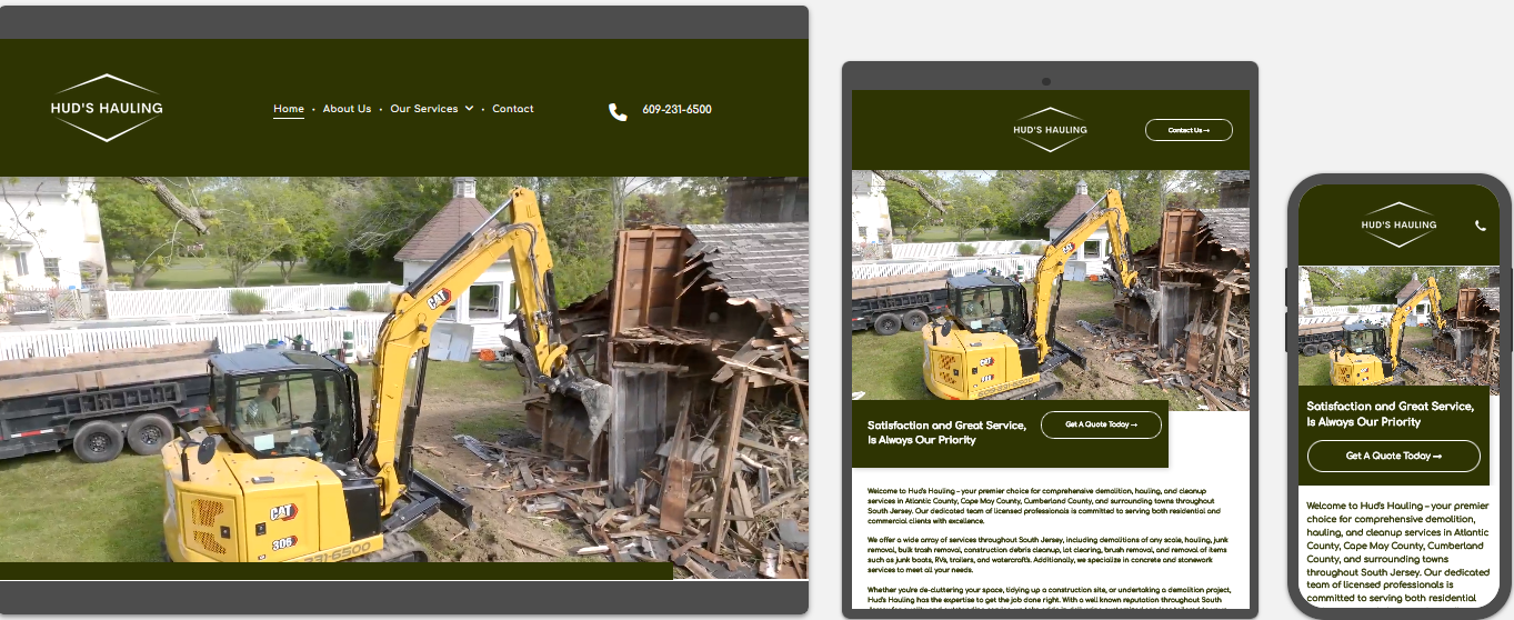 hud's hauling website displayed on a desktop, tablet and a cell phone view
