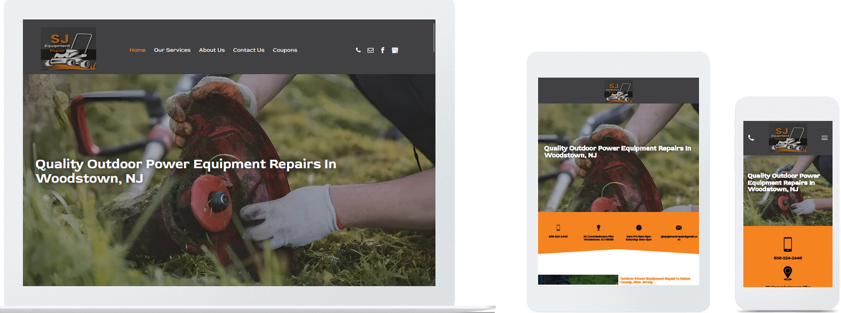SJ Equipment Repair website displayed on a desktop, tablet and a cell phone view