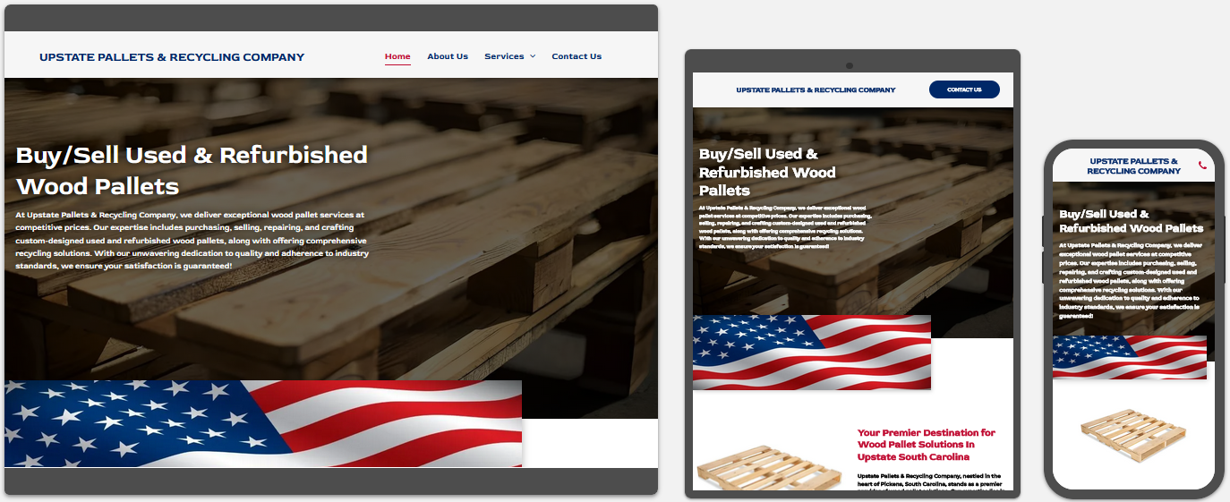 Upstate Pallets  website displayed on a desktop, tablet and a cell phone