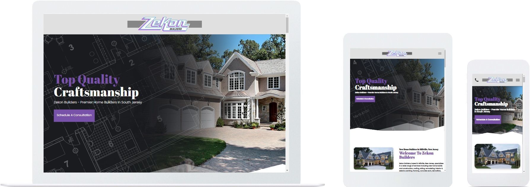 Zekon Builders website displayed on a desktop, tablet and a cell phone