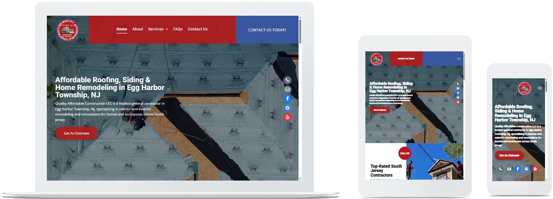 Quality Affordable Construction LLC website displayed on desktop, tablet, and mobile devices in Egg Harbor Township, NJ