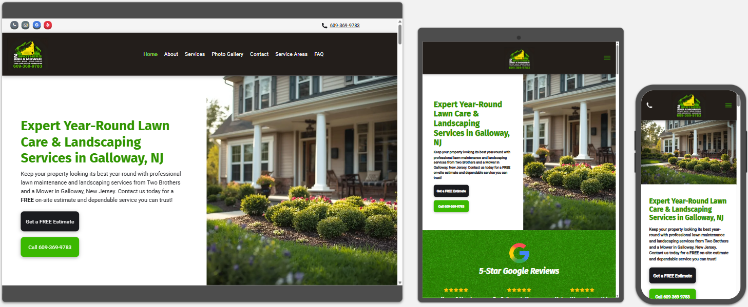 Responsive website mockup for Two Brothers and a Mower shown on desktop, tablet, and phone