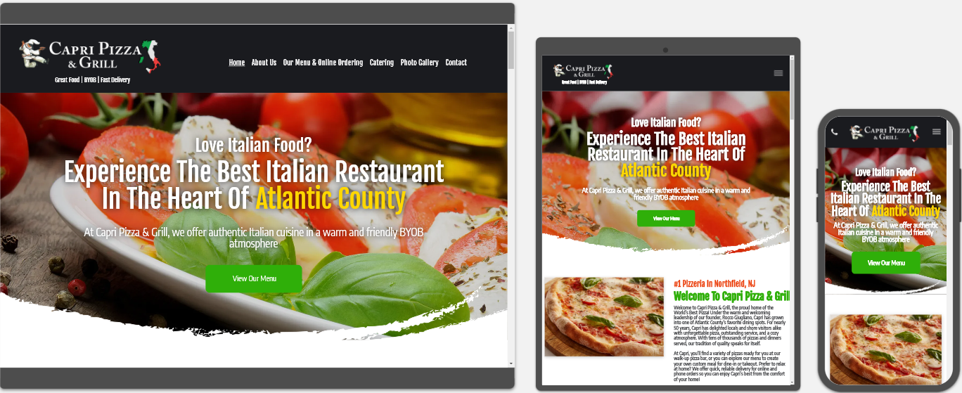 Capri Pizza & Grill website displayed on a desktop, tablet and a cell phone