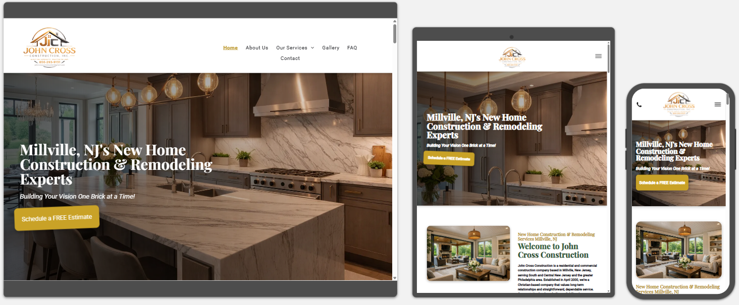 Responsive website mockup for John Cross Construction shown on desktop, tablet, and phone