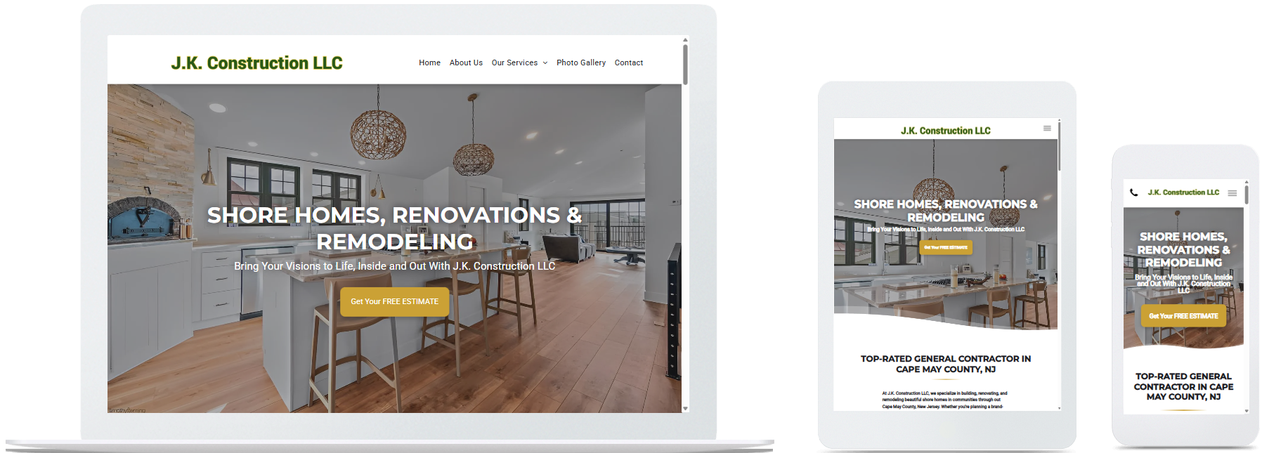 J.K. Construction LLC website displayed on desktop, tablet, and mobile devices in Cape May Court House, New Jersey