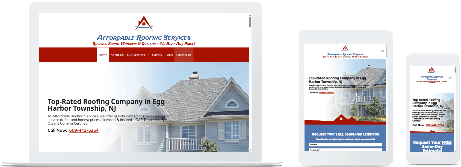 Affordable Roofing Services website displayed on desktop, tablet, and mobile devices in Egg Harbor Township, NJ