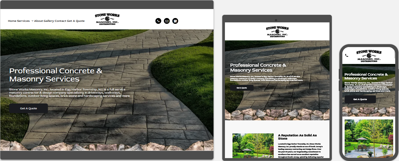 Stone Works Masonry website displayed on a desktop, tablet and a cell phone