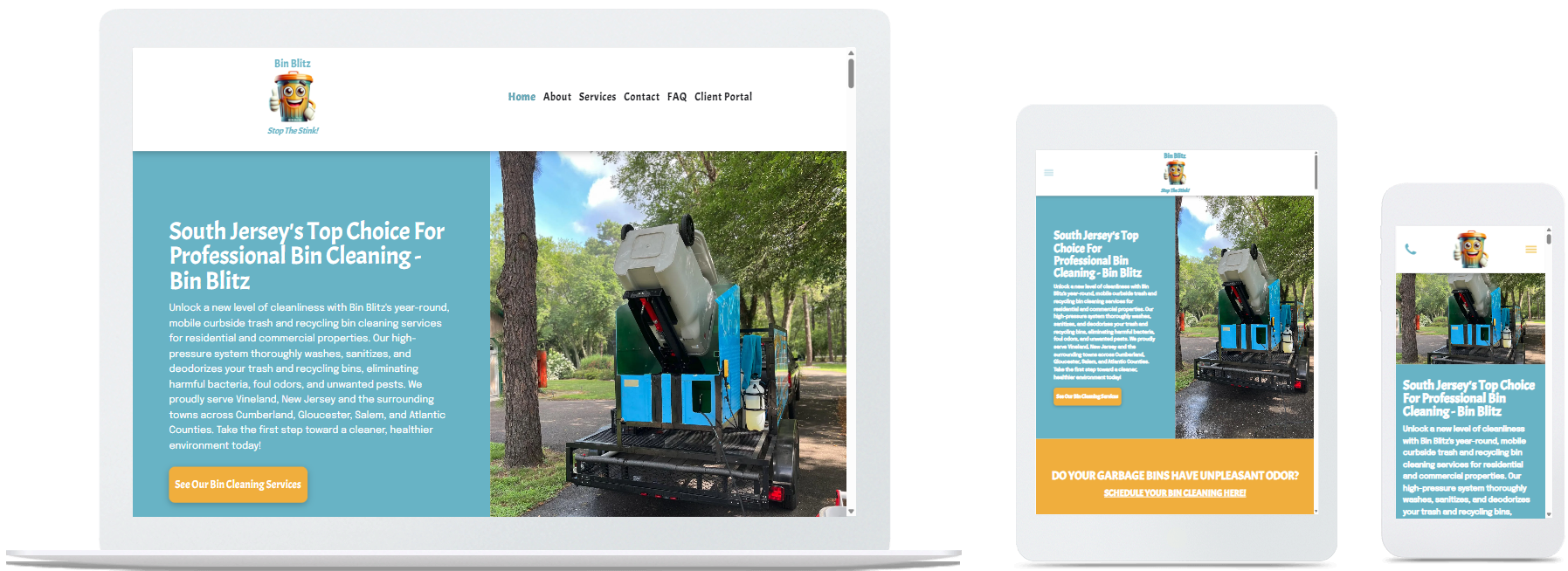 Bin Blitz trash and recycling bin cleaning website displayed on desktop, tablet, and mobile devices in Vineland, NJ