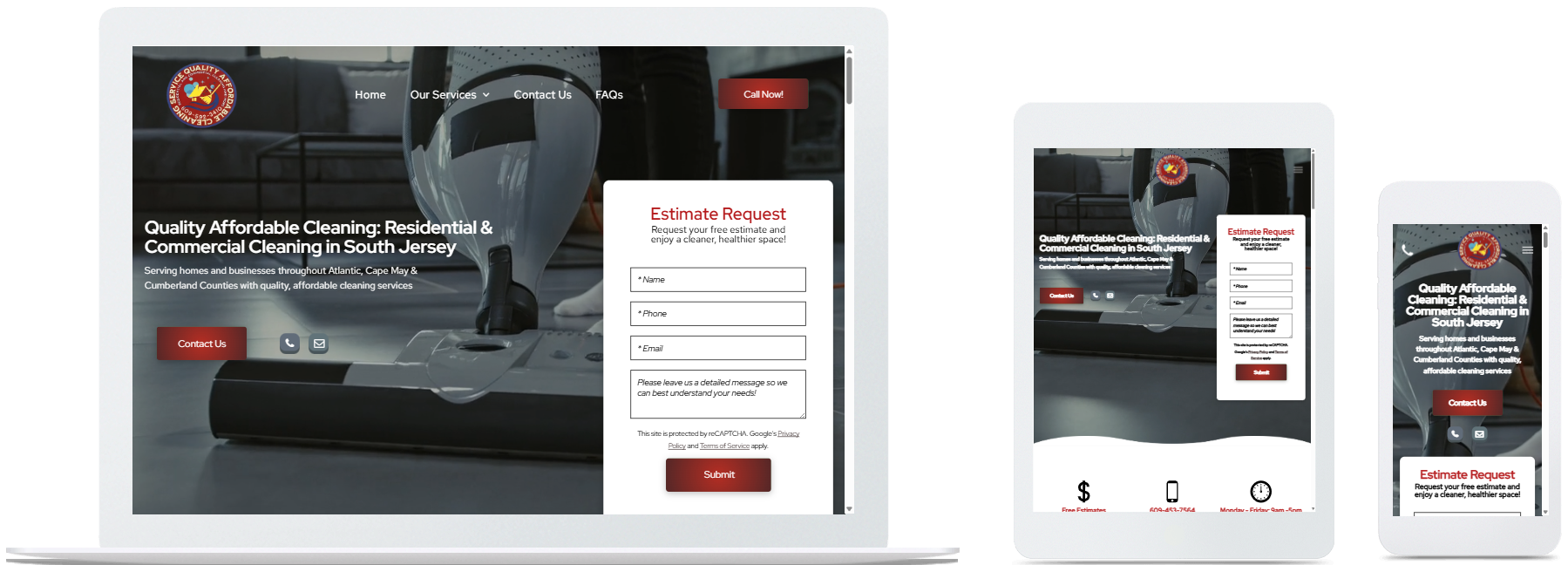 Quality Affordable Cleaning website displayed on desktop, tablet, and mobile devices in Egg Harbor Township, New Jersey
