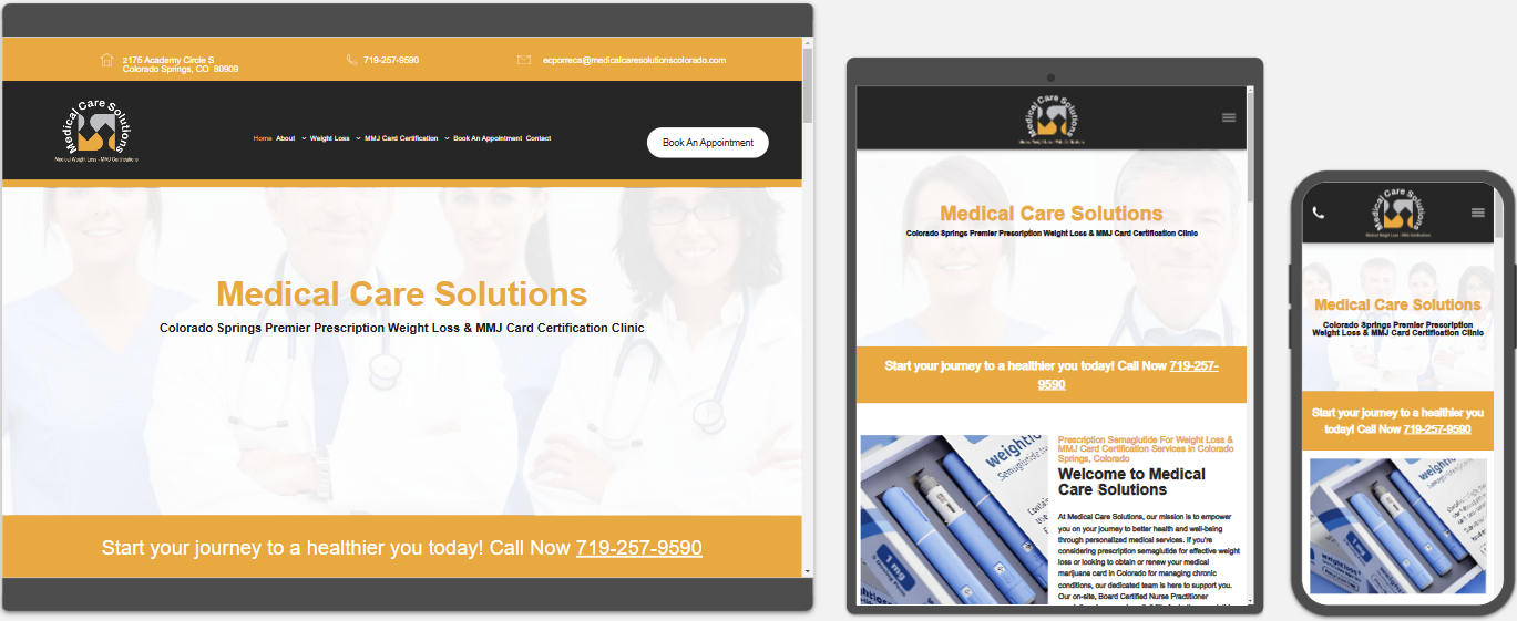 medical care solutions colorado website displayed on a desktop, tablet and a cell phone view