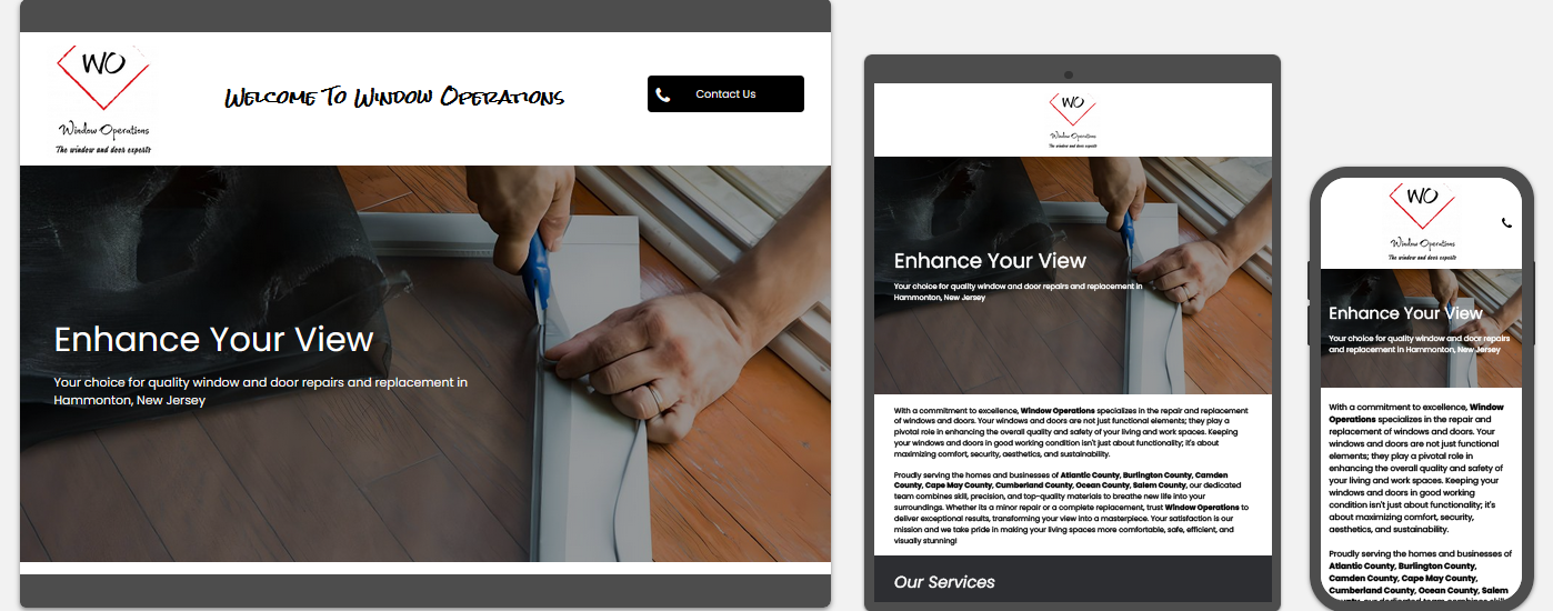 window operations website displayed on a desktop, tablet and a cell phone view