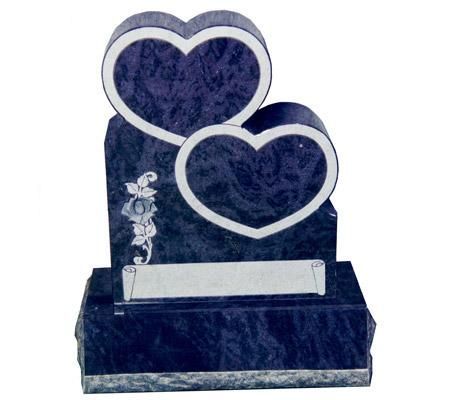 A blue gravestone with two hearts on it