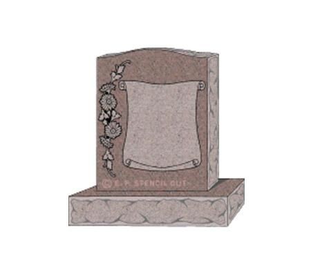 A gravestone with a scroll and flowers on it