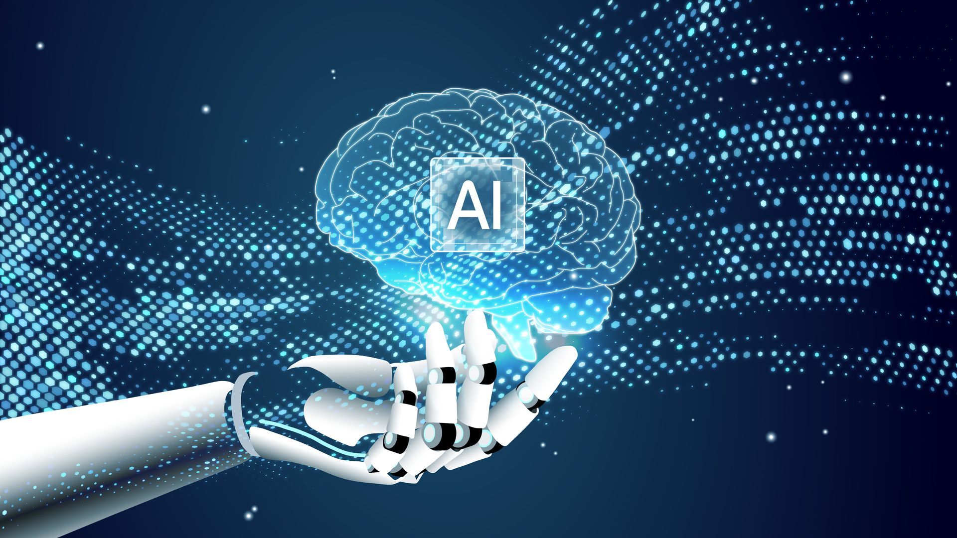 Mano robótica que sostiene un cerebro brillante con la inscripción