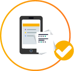 Teléfono inteligente con documento, marca de verificación amarilla y círculo naranja.