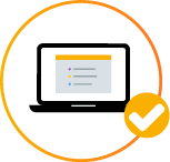 Computadora portátil con una lista de verificación en la pantalla y un ícono de marca de verificación, todo dentro de un círculo dorado.