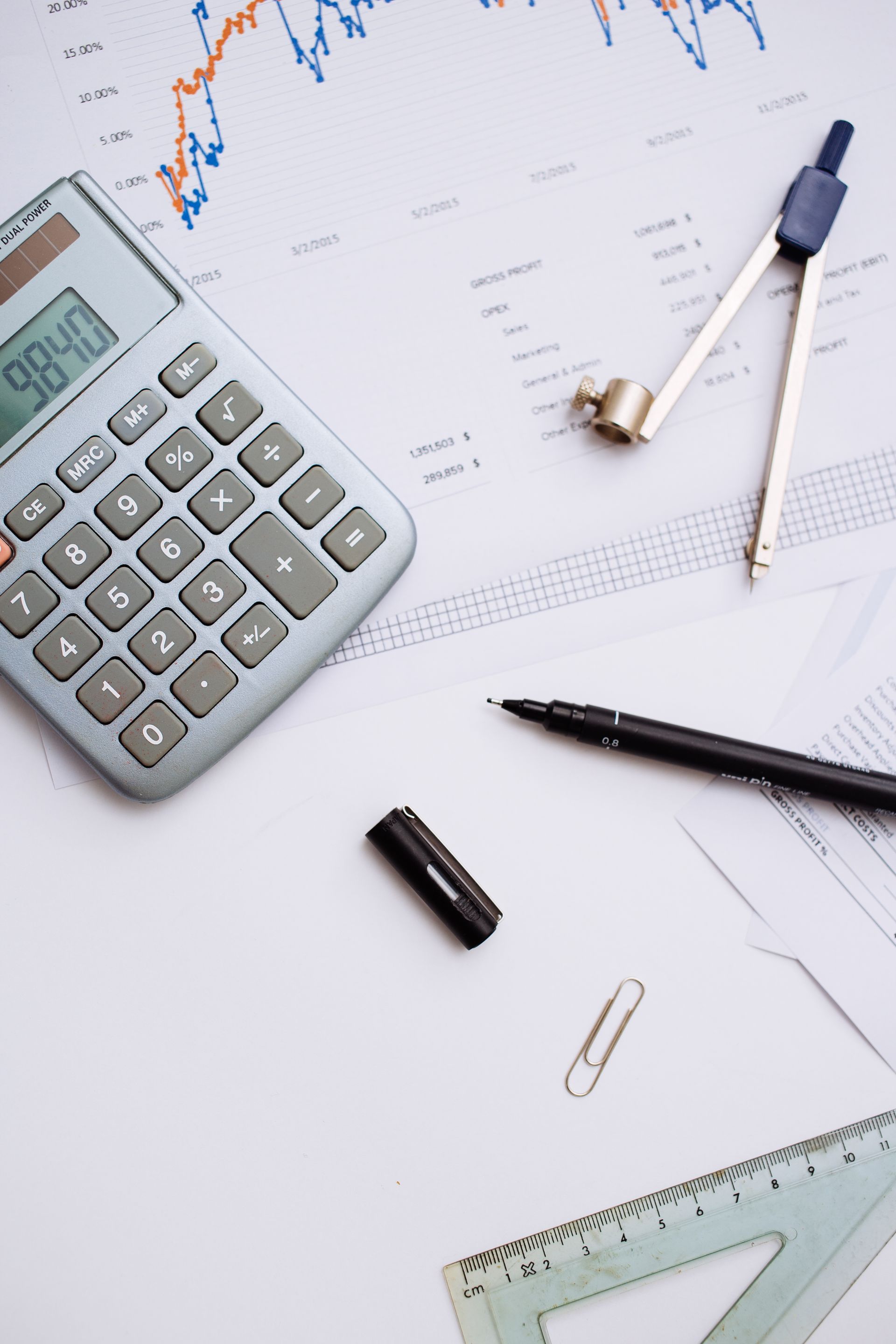 Calculadora, brújula, bolígrafo y regla sobre un escritorio con gráficos del mercado de valores.